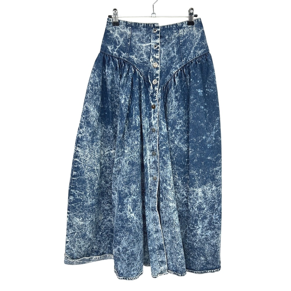 Vintage 90s Acid‎ Wash Denim Maxi Skirt 9 Button Front Prairie Western Boho